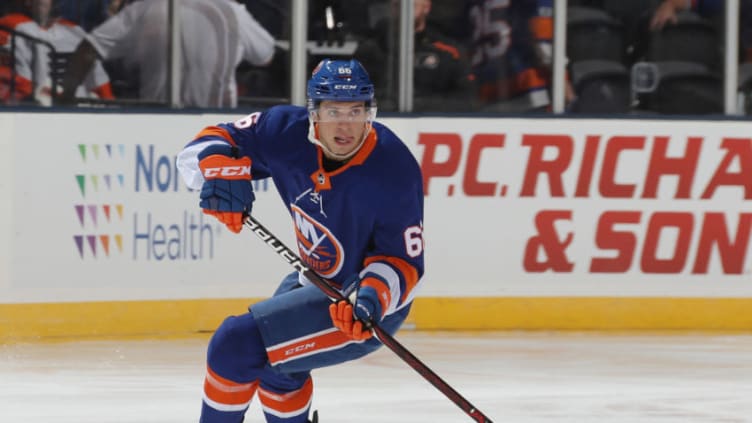 UNIONDALE, NEW YORK - SEPTEMBER 17: Mason Jobst #66 of the New York Islanders skates against the Philadelphia Flyers at the Nassau Veterans Memorial Coliseum on September 17, 2019 in Uniondale, New York. The Islanders defeated the Flyers 3-2 in overtime. (Photo by Bruce Bennett/Getty Images)