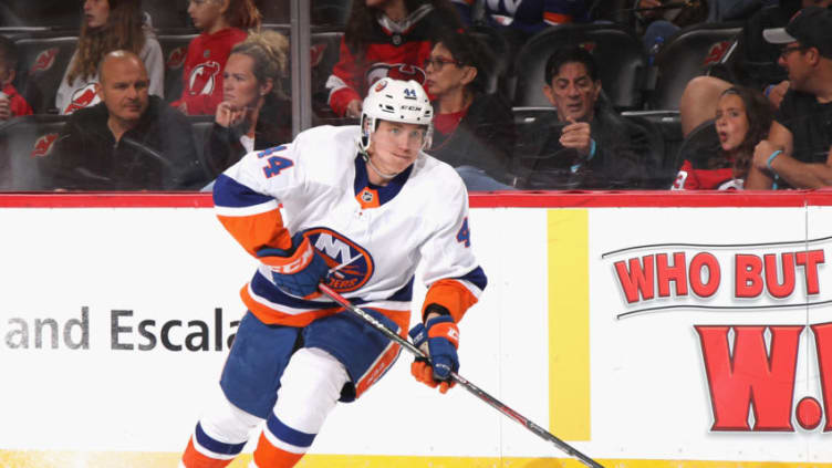 NEWARK, NEW JERSEY - SEPTEMBER 21: Sebastian Aho #44 of the New York Islanders skates against the New Jersey Devils at the Prudential Center on September 21, 2019 in Newark, New Jersey. The Devils defeated the Islanders 4-3. (Photo by Bruce Bennett/Getty Images)