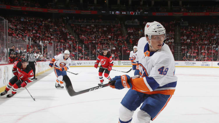 NEWARK, NEW JERSEY - SEPTEMBER 21: Otto Koivula #48 of the New York Islanders skates against the New Jersey Devils at the Prudential Center on September 21, 2019 in Newark, New Jersey. The Devils defeated the Islanders 4-3. (Photo by Bruce Bennett/Getty Images)