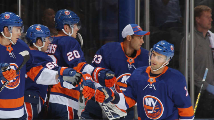 UNIONDALE, NEW YORK - SEPTEMBER 23: Jordan Eberle #7 of the New York Islanders celebrates his goal at 5:13 of the first period against the Detroit Red Wings at NYCB Live's Nassau Coliseum on September 23, 2019 in Uniondale, New York. (Photo by Bruce Bennett/Getty Images)