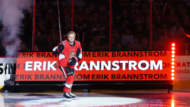 OTTAWA, ON - OCTOBER 5: Erik Brannstrom #26 of the Ottawa Senators steps onto the ice during player introductions prior to their home opener against the New York Rangers at Canadian Tire Centre on October 5, 2019 in Ottawa, Ontario, Canada. (Photo by Jana Chytilova/Freestyle Photography/Getty Images)