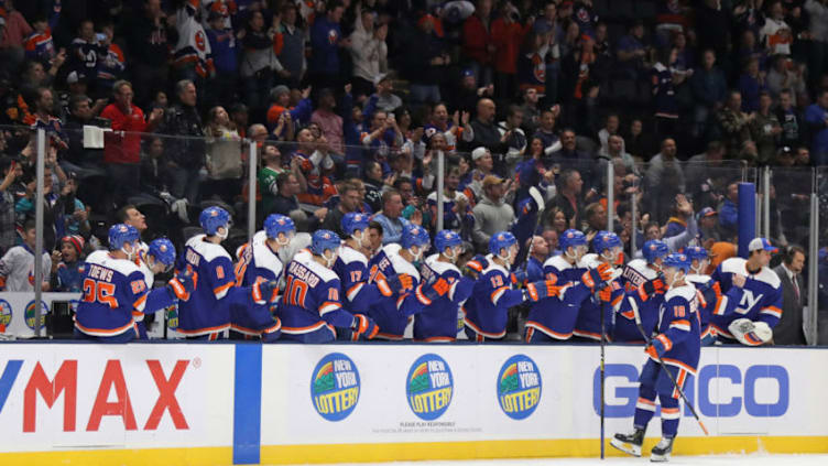 NEW YORK, NEW YORK - OCTOBER 08: Anthony Beauvillier #18 of the New York Islanders scores a first period goal against Mikko Koskinen #19 of the Edmonton Oilers at NYCB's LIVE Nassau Coliseum on October 08, 2019 in Uniondale, New York. (Photo by Bruce Bennett/Getty Images)