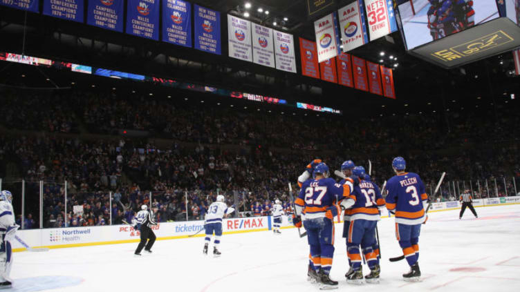 UNIONDALE, NEW YORK - NOVEMBER 01: Mathew Barzal #13 of the New York Islanders celebrates his goal at 4:58 of the second period against the Tampa Bay Lightning at NYCB Live's Nassau Coliseum on November 01, 2019 in Uniondale, New York. (Photo by Bruce Bennett/Getty Images)