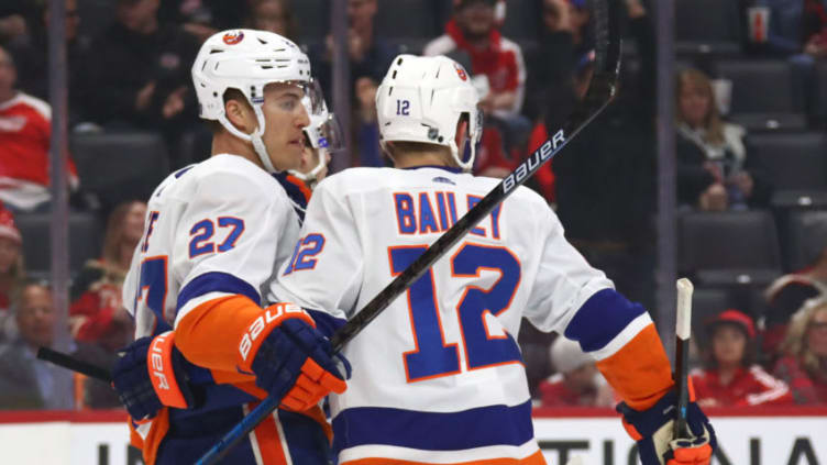 DETROIT, MICHIGAN - DECEMBER 02: Anders Lee #27 of the New York Islanders celebrates his first period goal with Josh Bailey #12 while playing the Detroit Red Wings at Little Caesars Arena on December 02, 2019 in Detroit, Michigan. (Photo by Gregory Shamus/Getty Images)