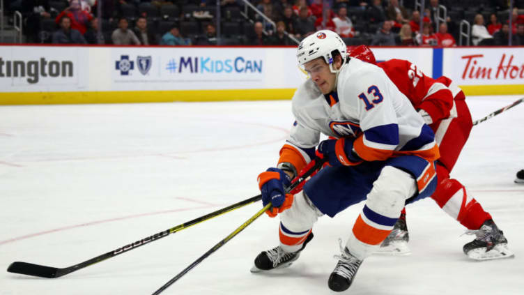 DETROIT, MICHIGAN - DECEMBER 02: Mathew Barzal #13 of the New York Islanders skates against the Detroit Red Wings at Little Caesars Arena on December 02, 2019 in Detroit, Michigan. New York won the game 4-1. (Photo by Gregory Shamus/Getty Images)