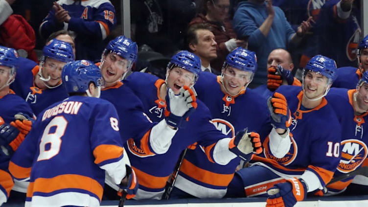 UNIONDALE, NEW YORK - JANUARY 14: Noah Dobson #8 of the New York Islanders celebrates his first NHL goal at 2:40 of the second period against the Detroit Red Wings at NYCB Live's Nassau Coliseum on January 14, 2020 in Uniondale, New York. (Photo by Bruce Bennett/Getty Images)