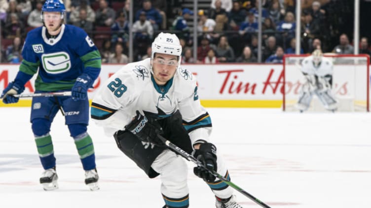 VANCOUVER, BC - JANUARY 18: Timo Meier #28 of the San Jose Sharks skates with the puck during NHL action against the Vancouver Canucks at Rogers Arena on January 18, 2020 in Vancouver, British Columbia, Canada. (Photo by Rich Lam/Getty Images)