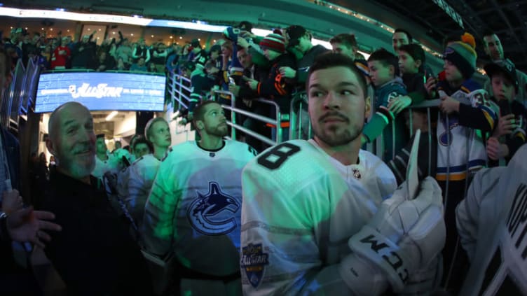 ST LOUIS, MISSOURI - JANUARY 25: Tomas Hertl #48 of the San Jose Sharks looks on prior to the 2020 Honda NHL All-Star Game at Enterprise Center on January 25, 2020 in St Louis, Missouri. (Photo by Jamie Squire/Getty Images)