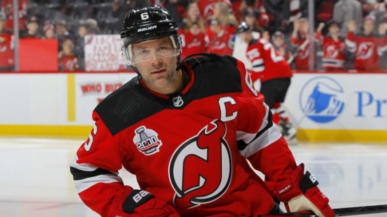 NEWARK, NEW JERSEY - FEBRUARY 01: Andy Greene #6 of the New Jersey Devils warms up before a game against the Dallas Stars at Prudential Center on February 01, 2020 in Newark, New Jersey. The Stars defeated the Devils 3-2 in overtime. (Photo by Jim McIsaac/Getty Images)