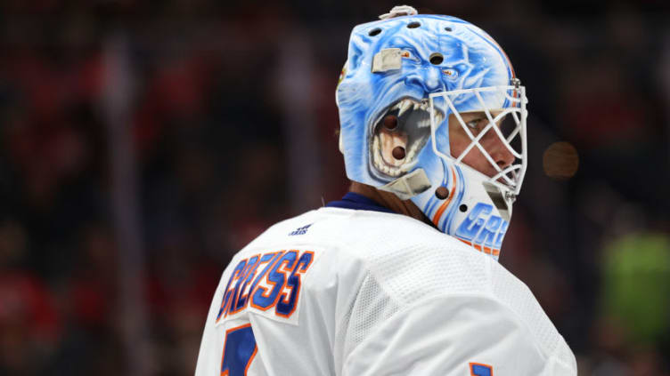 WASHINGTON, DC - FEBRUARY 10: Thomas Greiss #1 of the New York Islanders looks on against the Washington Capitals during the second period at Capital One Arena on February 10, 2020 in Washington, DC. (Photo by Patrick Smith/Getty Images)