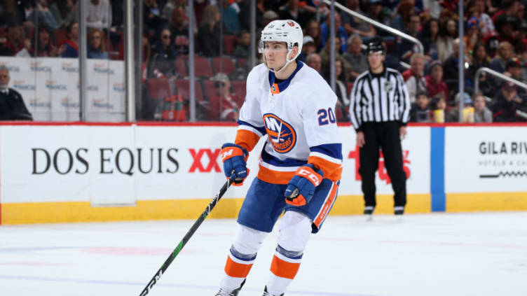 GLENDALE, ARIZONA - FEBRUARY 17: Kieffer Bellows #20 of the New York Islanders in action during the NHL game against the Arizona Coyotes at Gila River Arena on February 17, 2020 in Glendale, Arizona. The Coyotes defeated the Islanders 2-1. (Photo by Christian Petersen/Getty Images)