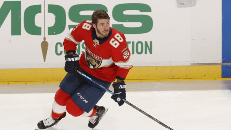 SUNRISE, FL - FEBRUARY 29: Mike Hoffman #68 of the Florida Panthers skates prior to the game against the Chicago Blackhawks at the BB&T Center on February 29, 2020 in Sunrise, Florida. The Blackhawks defeated the Panthers 3-2 in the shootout. (Photo by Joel Auerbach/Getty Images)