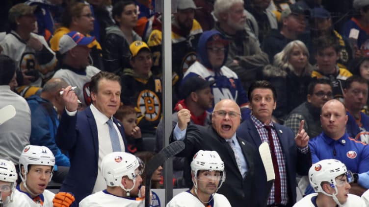 UNIONDALE, NEW YORK - FEBRUARY 29: Barry Trotz the head coach of the New York Islanders pulls his goaltender during the third period against the Boston Bruins at NYCB Live's Nassau Coliseum on February 29, 2020 in Uniondale, New York. The Bruins shut-out the Islanders 4-0. (Photo by Bruce Bennett/Getty Images)