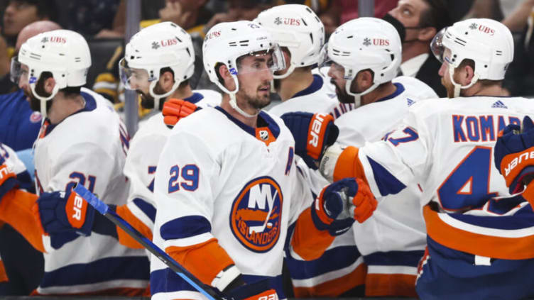 BOSTON, MA - JUNE 7: Brock Nelson #29 of the New York Islanders reacts after scoring in the third period in Game Five of the Second Round of the 2021 Stanley Cup Playoffs against the Boston Bruins at TD Garden on June 7, 2021 in Boston, Massachusetts. (Photo by Adam Glanzman/Getty Images)