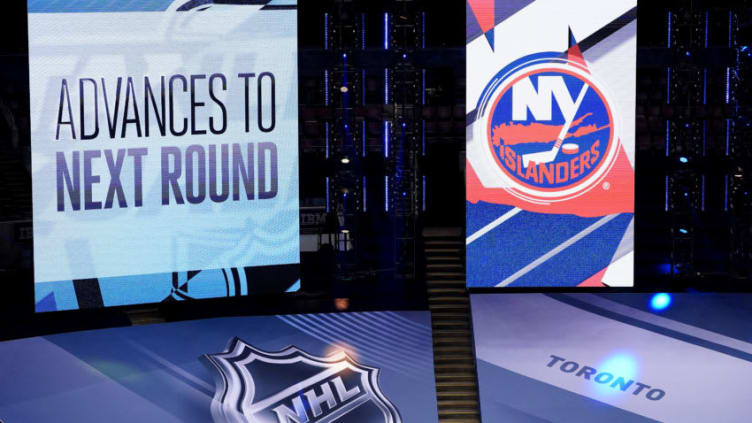 TORONTO, ONTARIO - AUGUST 07: The scoreboard displays that the New York Islanders win over the Florida Panthers period in Game Four of the Eastern Conference Qualification Round prior to the 2020 NHL Stanley Cup Playoffs at Scotiabank Arena on August 07, 2020 in Toronto, Ontario. (Photo by Andre Ringuette/Freestyle Photo/Getty Images)