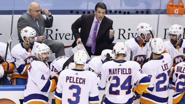 Head coach Barry Trotz and assistant coach Lane Lambert of the New York Islanders (Photo by Elsa/Getty Images)