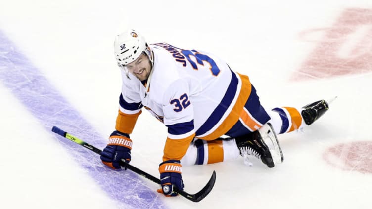 TORONTO, ONTARIO - AUGUST 14: Ross Johnston #32 of the New York Islanders warms up prior to Game Two of the Eastern Conference First Round against the Washington Capitals during the 2020 NHL Stanley Cup Playoffs at Scotiabank Arena on August 14, 2020 in Toronto, Ontario. (Photo by Elsa/Getty Images)