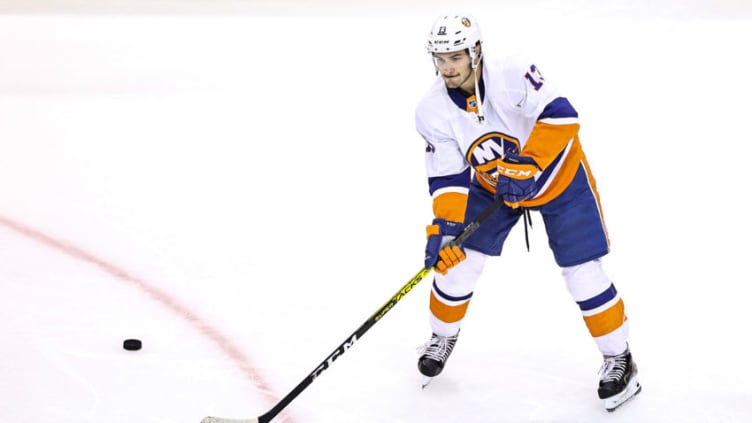 TORONTO, ONTARIO - AUGUST 20: Mathew Barzal #13 of the New York Islanders warms up prior to Game Five of the Eastern Conference First Round against the Washington Capitals during the 2020 NHL Stanley Cup Playoffs at Scotiabank Arena on August 20, 2020 in Toronto, Ontario. (Photo by Elsa/Getty Images)