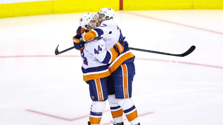 TORONTO, ONTARIO - AUGUST 24: Jean-Gabriel Pageau #44 is congratulated by his teammate, Leo Komarov #47 after scoring a goal against the Philadelphia Flyers during the third period in Game One of the Eastern Conference Second Round during the 2020 NHL Stanley Cup Playoffs at Scotiabank Arena on August 24, 2020 in Toronto, Ontario. (Photo by Elsa/Getty Images)