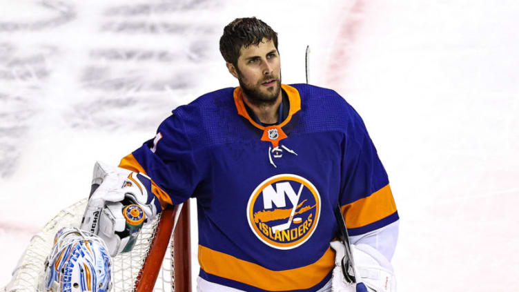 TORONTO, ONTARIO - AUGUST 30: Thomas Greiss #1 of the New York Islanders looks on against the Philadelphia Flyers during the second period in Game Four of the Eastern Conference Second Round during the 2020 NHL Stanley Cup Playoffs at Scotiabank Arena on August 30, 2020 in Toronto, Ontario. (Photo by Elsa/Getty Images)