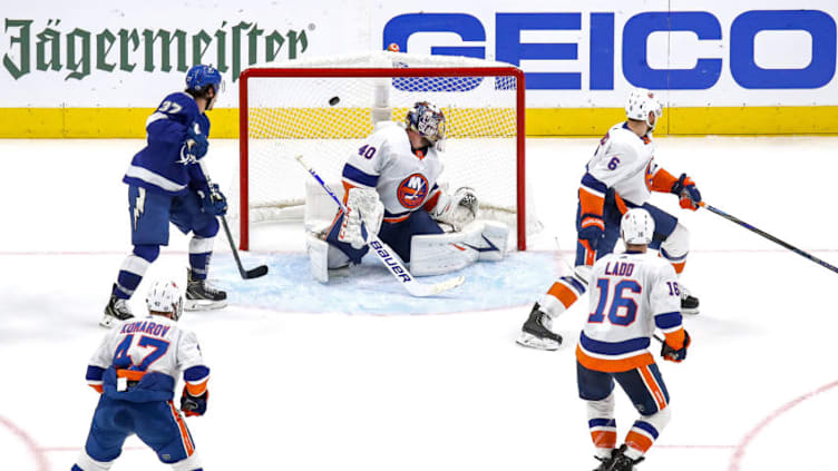 Semyon Varlamov #40 of the New York Islanders allows a goal (Photo by Bruce Bennett/Getty Images)