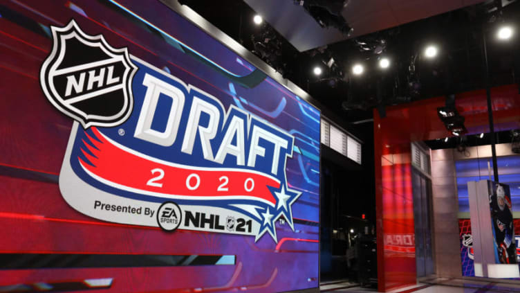 SECAUCUS, NEW JERSEY - OCTOBER 06: Signage is seen on location prior to the start of the first round of the 2020 National Hockey League (NHL) Draft at the NHL Network Studio on October 06, 2020 in Secaucus, New Jersey. (Photo by Mike Stobe/Getty Images)