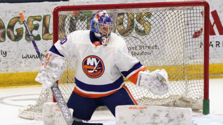 EAST MEADOW, NEW YORK - JANUARY 10: Ilya Sorokin #30 of the New York Islanders tends net in a scrimmage at Northwell Health Ice Center at Eisenhower Park on January 10, 2021 in East Meadow, New York. (Photo by Bruce Bennett/Getty Images)