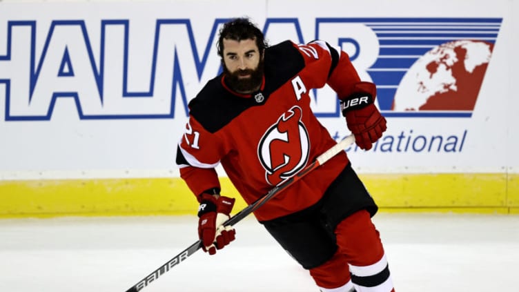 NEWARK, NEW JERSEY - JANUARY 14: Kyle Palmieri #21 of the New Jersey Devils looks on during warm ups before the home opening game against the Boston Bruins at Prudential Center on January 14, 2021 in Newark, New Jersey. (Photo by Elsa/Getty Images)