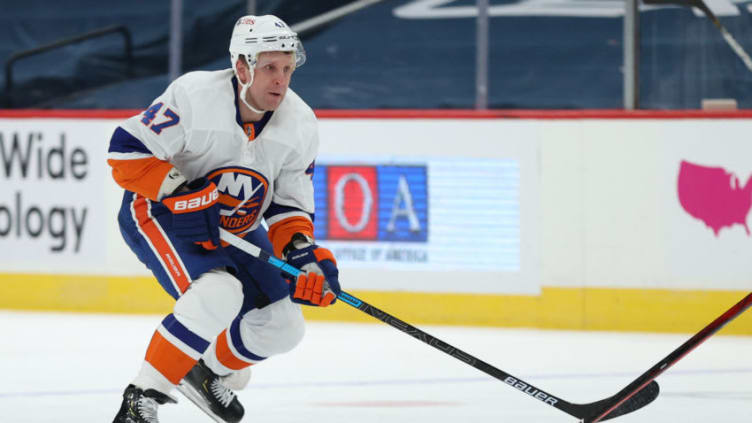 WASHINGTON, DC - JANUARY 26: Leo Komarov #47 of the New York Islanders skates against the Washington Capitals during the first period at Capital One Arena on January 26, 2021 in Washington, DC. (Photo by Patrick Smith/Getty Images)