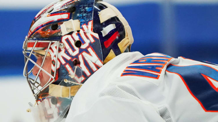 BUFFALO, NY - FEBRUARY 15: Semyon Varlamov #40 of the New York Islanders during the game against the Buffalo Sabres at KeyBank Center on February 15, 2021 in Buffalo, New York. (Photo by Kevin Hoffman/Getty Images)