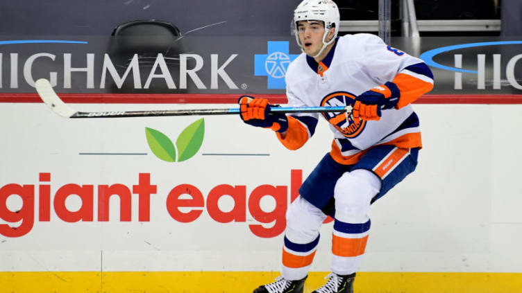 PITTSBURGH, PENNSYLVANIA - FEBRUARY 18: Noah Dobson #8 of the New York Islanders during their game against the Pittsburgh Penguins at PPG PAINTS Arena on February 18, 2021 in Pittsburgh, Pennsylvania. (Photo by Emilee Chinn/Getty Images)