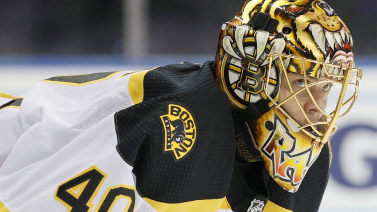 NEW YORK, NEW YORK - FEBRUARY 28: Tuukka Rask #40 of the Boston Bruins looks on during the second period against the New York Rangers at Madison Square Garden on February 28, 2021 in New York City. (Photo by Sarah Stier/Getty Images)