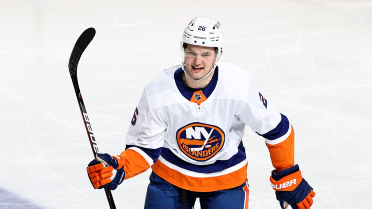 NEWARK, NEW JERSEY - MARCH 02: Oliver Wahlstrom #26 of the New York Islanders celebrates his goal in the third period against the New Jersey Devils at Prudential Center on March 02, 2021 in Newark, New Jersey.Due to COVID-19 restrictions a limited number of fans are allowed to attend. The New York Islanders defeated the New Jersey Devils 2-1. (Photo by Elsa/Getty Images)