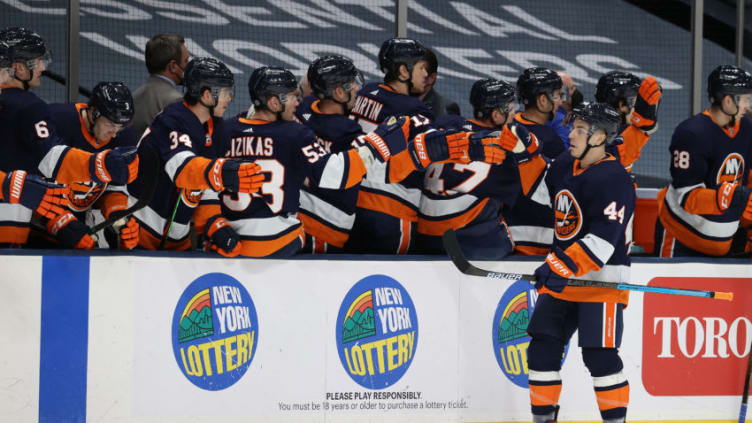 UNIONDALE, NEW YORK - MARCH 20: Jean-Gabriel Pageau #44 of the New York Islanders celebrates his goal in the first period against the Philadelphia Flyers during their game at Nassau Coliseum on March 20, 2021 in Uniondale, New York. (Photo by Al Bello/Getty Images)