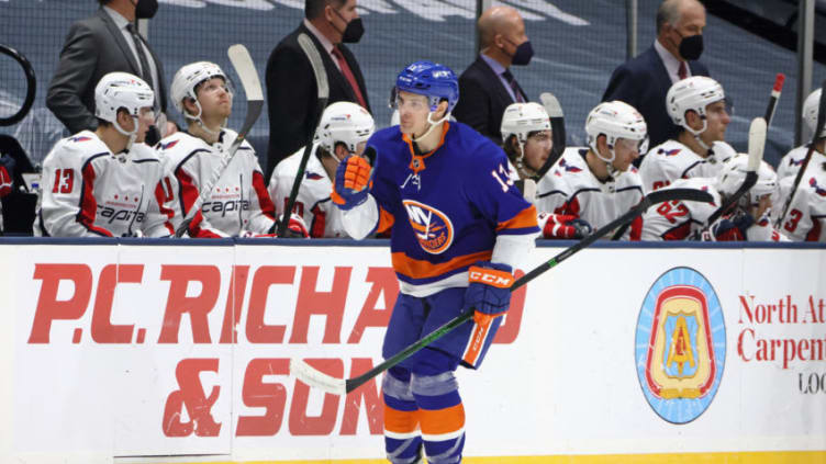 UNIONDALE, NEW YORK - APRIL 01: Mathew Barzal #13 of the New York Islanders celebrates his goal against the Washington Capitals at 16:09 of the first period at the Nassau Coliseum on April 01, 2021 in Uniondale, New York. (Photo by Bruce Bennett/Getty Images)