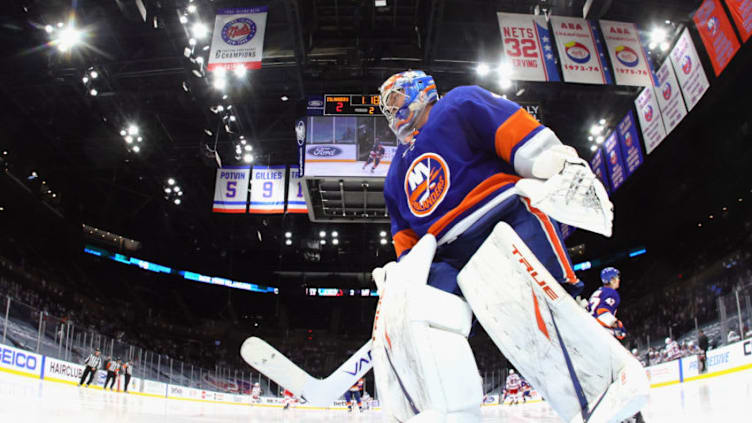 UNIONDALE, NEW YORK - MAY 01: Semyon Varlamov #40 of the New York Islanders skates against the New York Rangers at the Nassau Coliseum on May 01, 2021 in Uniondale, New York. (Photo by Bruce Bennett/Getty Images)