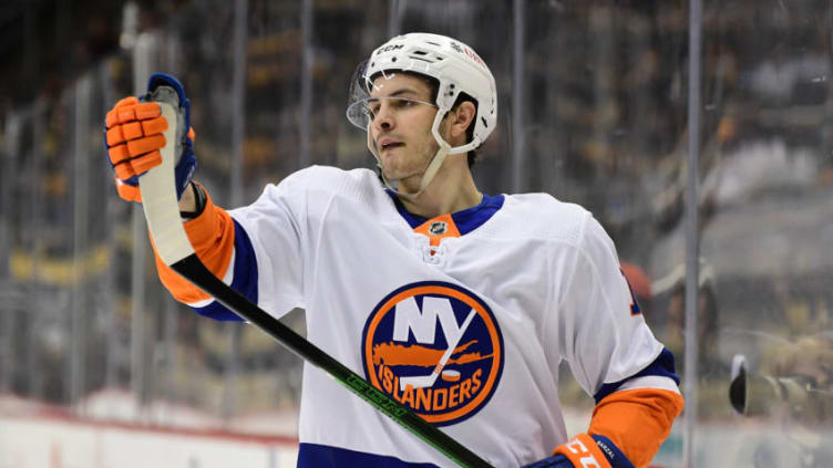 PITTSBURGH, PENNSYLVANIA - MAY 18: Mathew Barzal #13 of the New York Islanders looks at his stick during the third period in Game Two of the First Round of the 2021 Stanley Cup Playoffs against the Pittsburgh Penguins at PPG PAINTS Arena on May 18, 2021 in Pittsburgh, Pennsylvania. The Pittsburgh Penguins won 2-1. (Photo by Emilee Chinn/Getty Images)