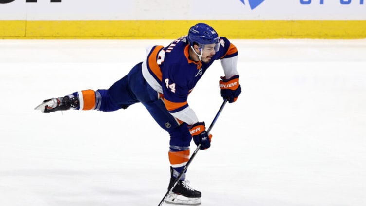 UNIONDALE, NEW YORK - JUNE 17: Jean-Gabriel Pageau #44 of the New York Islanders attempts a shot against the Tampa Bay Lightning during the first period in Game Three of the Stanley Cup Semifinals during the 2021 Stanley Cup Playoffs at Nassau Coliseum on June 17, 2021 in Uniondale, New York. (Photo by Elsa/Getty Images)