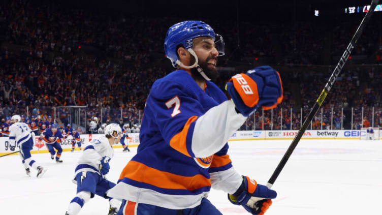UNIONDALE, NEW YORK - JUNE 23: Jordan Eberle #7 of the New York Islanders celebrates after scoring a goal against the Tampa Bay Lightning during the second period in Game Six of the Stanley Cup Semifinals during the 2021 Stanley Cup Playoffs at Nassau Coliseum on June 23, 2021 in Uniondale, New York. (Photo by Bruce Bennett/Getty Images)