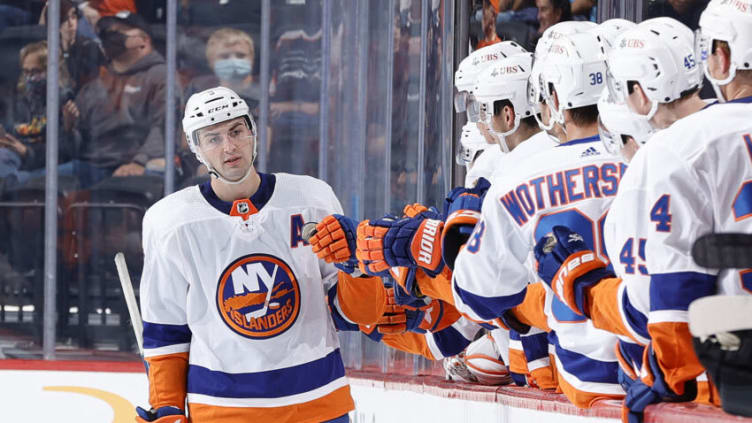 PHILADELPHIA, PENNSYLVANIA - SEPTEMBER 28: Adam Pelech #3 of the New York Islanders celebrates after scoring during the second period against the Philadelphia Flyers at Wells Fargo Center on September 28, 2021 in Philadelphia, Pennsylvania. (Photo by Tim Nwachukwu/Getty Images)