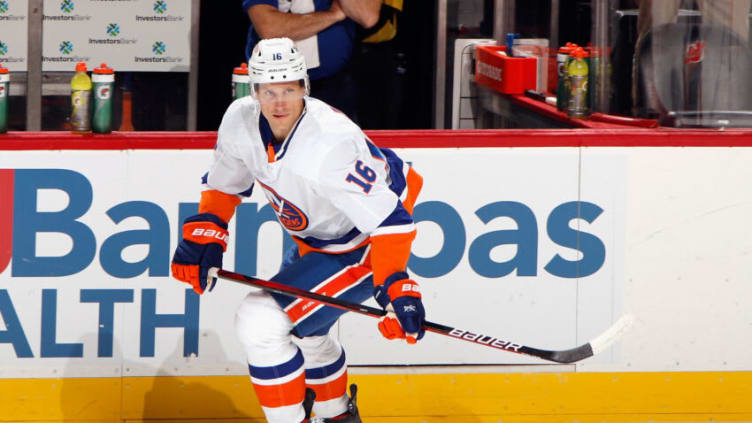 NEWARK, NEW JERSEY - OCTOBER 07: Richard Panik #16 of the New York Islanders skates in warm-ups prior to the preseason game against the New Jersey Devils at the Prudential Center on October 07, 2021 in Newark, New Jersey. (Photo by Bruce Bennett/Getty Images)