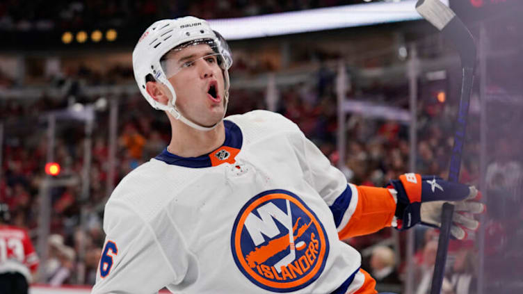 CHICAGO, ILLINOIS - OCTOBER 19: Oliver Wahlstrom #26 of the New York Islanders celebrates after scoring his first goal of the game against the Chicago Blackhawks in the third period at United Center on October 19, 2021 in Chicago, Illinois. The Islanders defeated the Blackhawks 4-1. (Photo by Patrick McDermott/Getty Images)