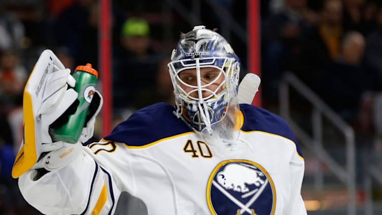 PHILADELPHIA, PA - FEBRUARY 11: Goalie Robin Lehner #40 of the Buffalo Sabres looks after giving up a goal in the second period against the Philadelphia Flyers at Wells Fargo Center on February 11, 2016 in Philadelphia, Pennsylvania. (Photo by Rob Carr/Getty Images)