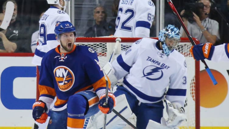 NEW YORK, NY - MAY 03: Josh Bailey #12 of the New York Islanders celebrates his goal at 8:11 of the first period against Ben Bishop #30 of the Tampa Bay Lightning in Game Three of the Eastern Conference Second Round during the 2016 NHL Stanley Cup Playoffs at the Barclays Center on May 03, 2016 in the Brooklyn borough of New York City. (Photo by Bruce Bennett/Getty Images)