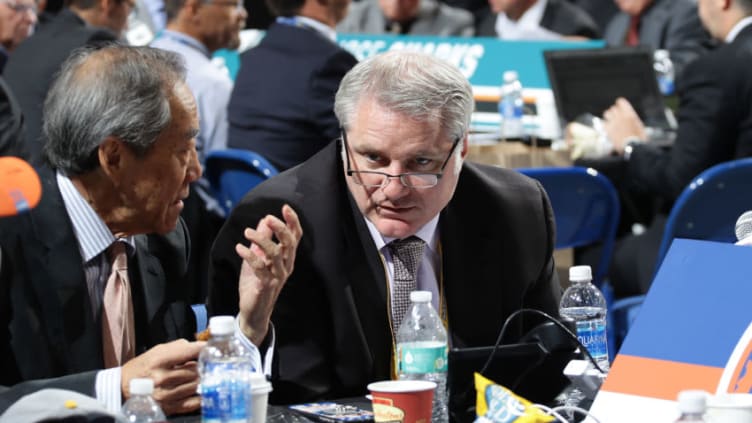 BUFFALO, NY - JUNE 25: (l-r) Charles Wang and Garth Snow attend the 2016 NHL Draft on June 25, 2016 in Buffalo, New York. (Photo by Bruce Bennett/Getty Images)