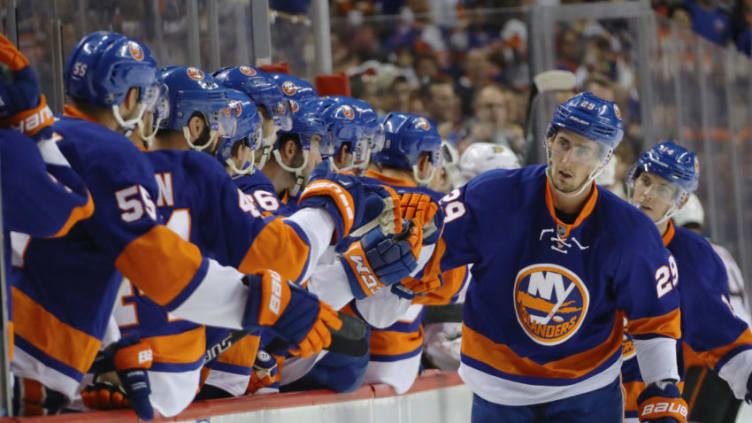 NEW YORK, NY - OCTOBER 16: Brock Nelson #29 of the New York Islanders celebrates his first period goal against the Anaheim Ducks at the Barclays Center on October 16, 2016 in the Brooklyn borough of New York City. (Photo by Bruce Bennett/Getty Images)