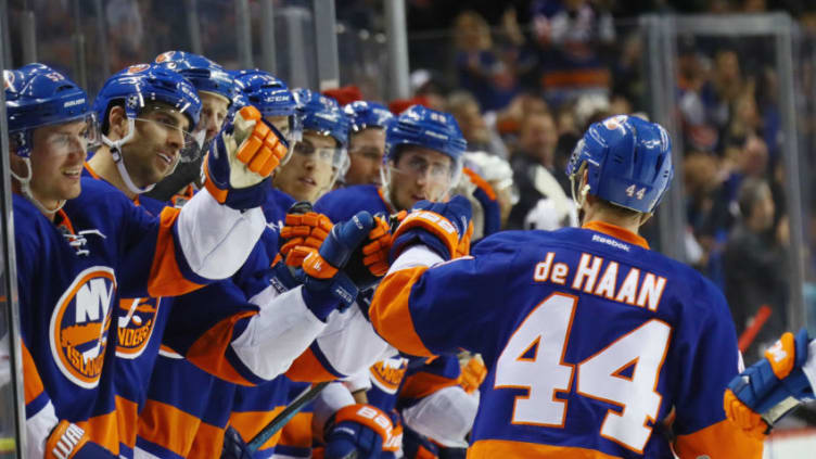 NEW YORK, NY - OCTOBER 23: Calvin de Haan #44 of the New York Islanders celebrates his goal at 4:57 of the second period against the Minnesota Wild at the Barclays Center on October 23, 2016 in the Brooklyn borough of New York City. (Photo by Bruce Bennett/Getty Images)