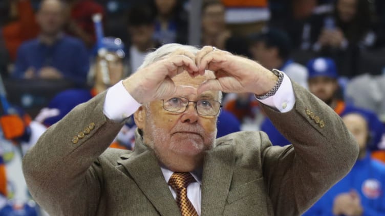 NEW YORK, NY - JANUARY 11: Former New York Islanders broadcaster Jiggs McDonald is honored prior to the game against the Florida Panthers at the Barclays Center on January 11, 2017 in the Brooklyn borough of New York City. (Photo by Bruce Bennett/Getty Images)