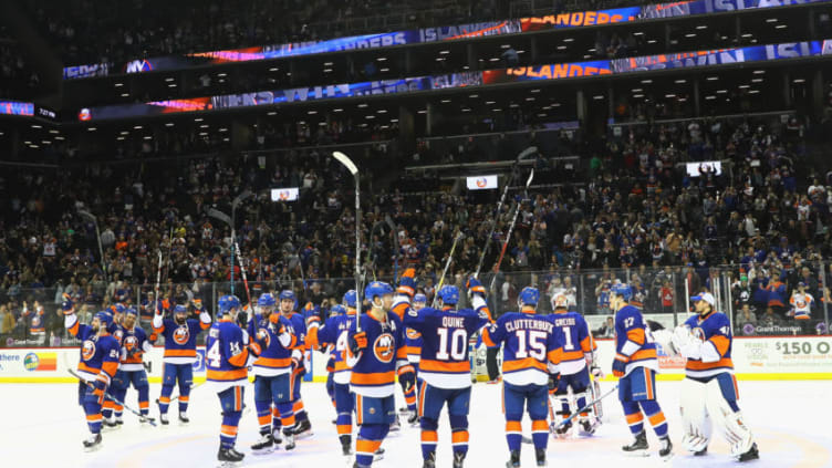 NEW YORK, NY - APRIL 09: The New York Islanders salute the fans following a 4-2 victory over the Ottawa Senators at the Barclays Center on April 9, 2017 in the Brooklyn borough of New York City. (Photo by Bruce Bennett/Getty Images)