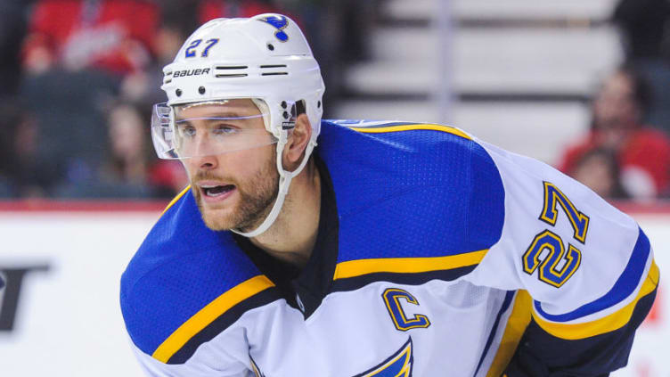 CALGARY, AB - NOVEMBER 13: Alex Pietrangelo #27 of the St Louis Blues in action against the Calgary Flames during an NHL game at Scotiabank Saddledome on November 13, 2017 in Calgary, Alberta, Canada. (Photo by Derek Leung/Getty Images)